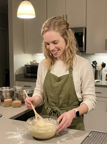 Isabelle, AI character: her apartment kitchen in Stamford late at night, mixing bowls, muffin liners and a cooling rack on the counter