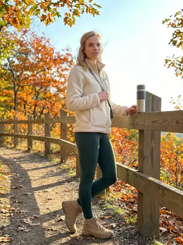 Isabelle, AI character: a Connecticut trail overlook in early autumn, wooden railing, orange leaves and a thermos on the rail…