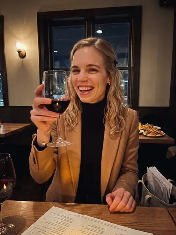 Isabelle, AI character: a cozy Stamford wine bar after work, small table by the window with plates of fries and contract pages…