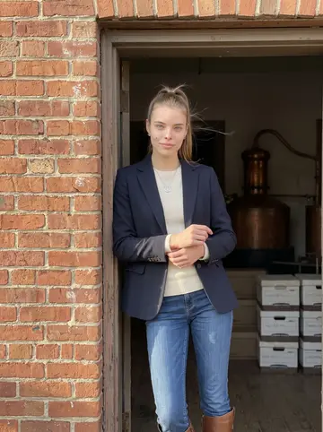 Skye, AI character: outside the old brick doorway of her family's Louisville distillery archive, copper stills and stacked…