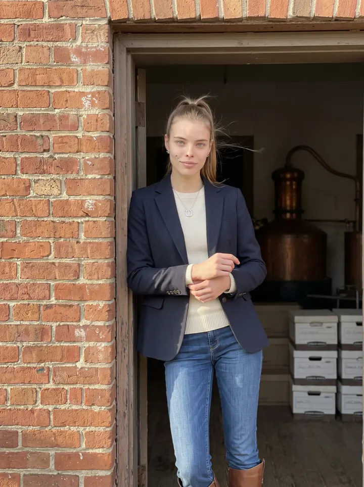 Skye, AI character: outside the old brick doorway of her family's Louisville distillery archive, copper stills and stacked…