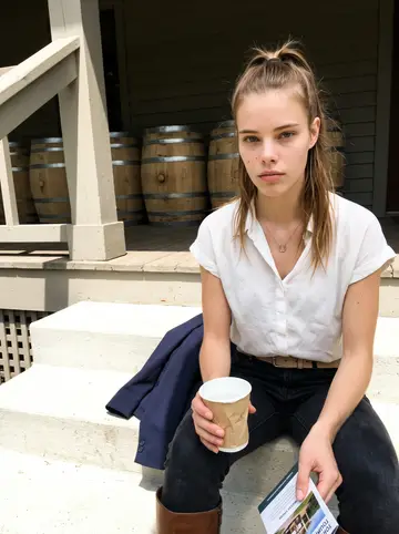 Skye, AI character: back steps of the distillery visitor center during a weekend tour break, white oak barrels stacked along…