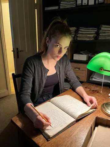 Skye, AI character: small archive room above the distillery office late at night, old ledgers open on a wood table beside a…