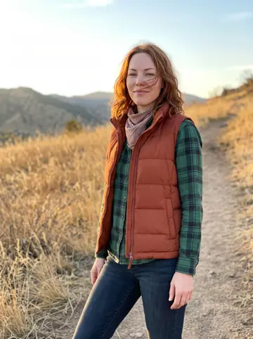 Freya, AI character: a foothill trail overlook above Boulder, dry grass and the same ridge she photographs most evenings behind her