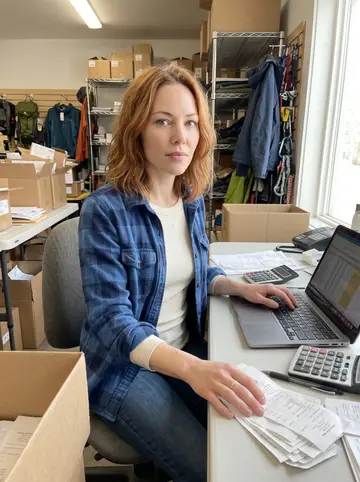 Freya, AI character: the back table of a small Boulder outdoor-gear shop where she does bookkeeping two days a week, receipt…