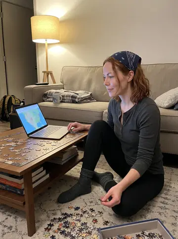 Freya, AI character: her rented foothills living room, go-bag open by the door and the same half-finished jigsaw puzzle spread…