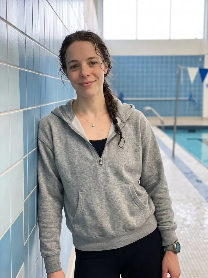Ruby, AI character: inside the community swim club pool hall in Toronto just after the early lane swim, leaning beside the…