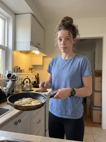 Ruby, AI character: her quiet Toronto flat kitchen on a summer evening, moving boxes stacked near the hallway and a kettle…