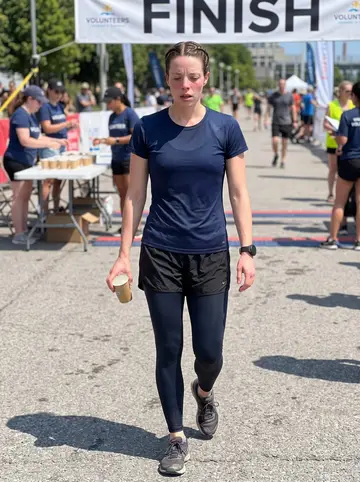 Ruby, AI character: outside a small charity swim-run event by the Toronto waterfront, finish banner and folding tables in the…