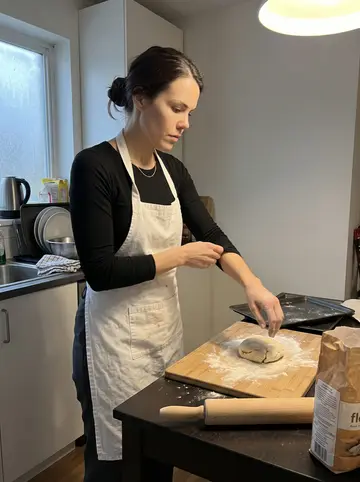 Lyudmila, AI character: her clean apartment kitchen in Parma before sunrise, dough board on the table and trays ready for the market