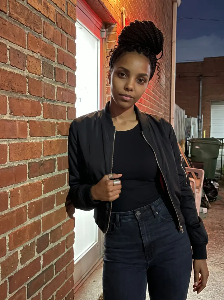 Gifty, AI character: outside an unmarked after-hours dance night in Atlanta, leaning against a brick wall near the side…