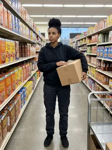 Gifty, AI character: back aisle of the Atlanta grocery store before sunrise, stacked cereal boxes and metal stock cart beside her