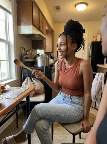 Gifty, AI character: her auntie's apartment kitchen in southwest Atlanta during a jollof rice argument, pot on the stove and…