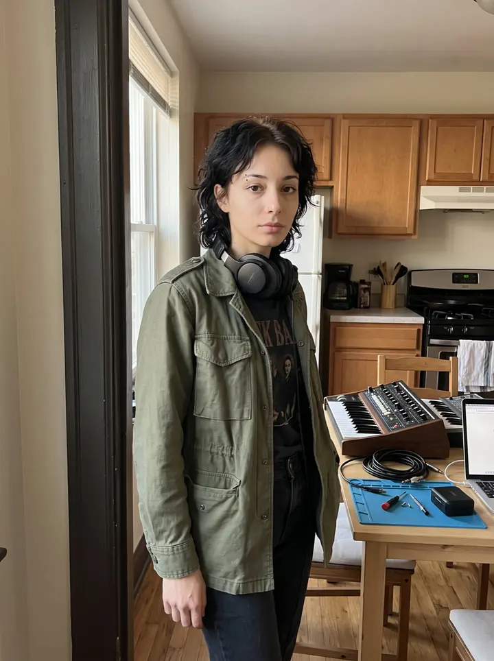 Romy, AI character: her Pittsburgh apartment doorway, kitchen table behind her covered with a half-open vintage synthesizer…