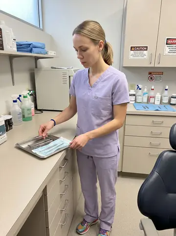 Laila, AI character: a Milwaukee dental clinic sterilization room during a quiet afternoon break