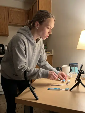 Laila, AI character: her small Milwaukee apartment kitchen table set up for filming hands-only dental-care videos