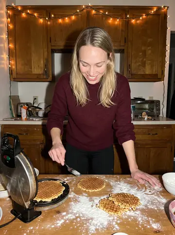 Laila, AI character: her grandmother's Milwaukee kitchen during a winter evening stroopwafel baking attempt