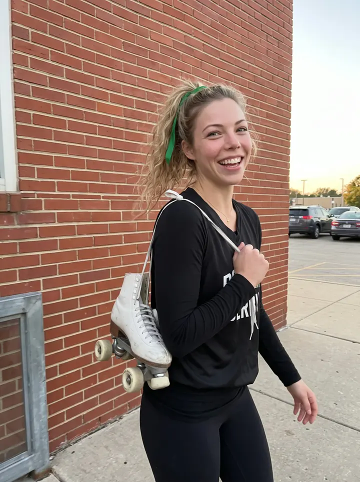 Sandra, AI character: outside a Milwaukee roller rink after derby practice, low sun hitting the brick wall and the parking lot…