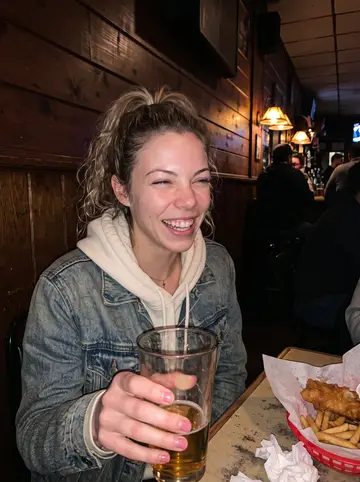 Sandra, AI character: a crowded Milwaukee tavern on Friday fish fry night, wood panel walls and baskets of food on the table