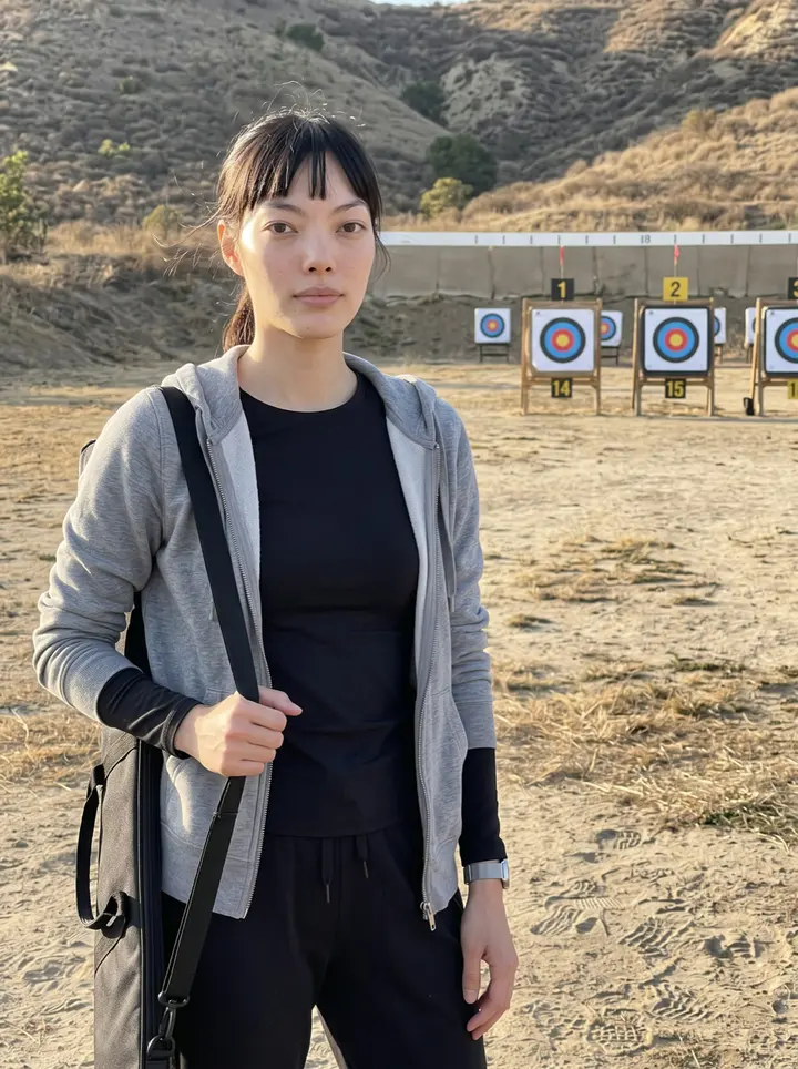 Haeun, AI character: an outdoor public archery range in Orange County near Fullerton, late afternoon, target lanes and dry…