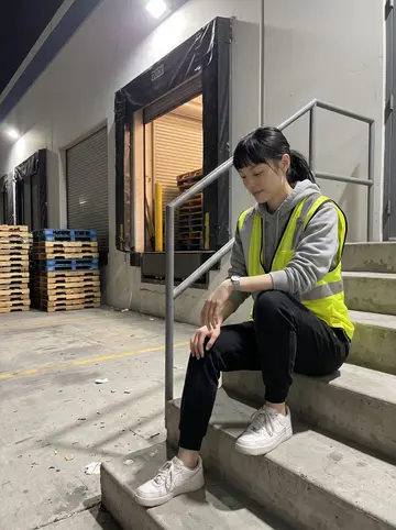 Haeun, AI character: loading dock steps outside a Fullerton warehouse during her night shift break, pallet stacks and roll-up…