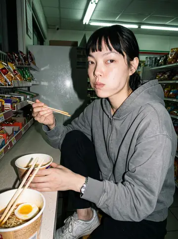 Haeun, AI character: a small convenience-store counter in Fullerton after rain at 4 a