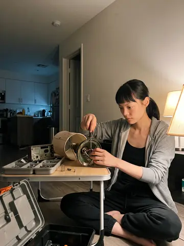 Haeun, AI character: her sparse Fullerton apartment living room, a cheap folding table covered with a broken lamp, small radio,…