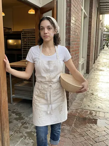 Sophie, AI character: outside the New Orleans bakery after a hard summer rain, standing in the open doorway with warm light from…
