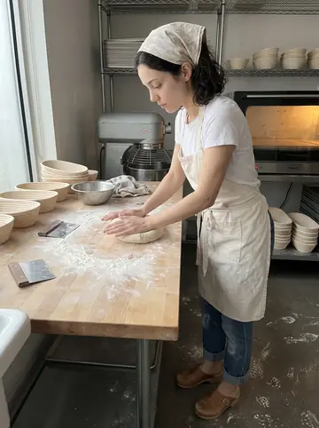Sophie, AI character: inside the bakery before opening, flour-dusted worktable, stacked sheet pans, mixer and proofing baskets…