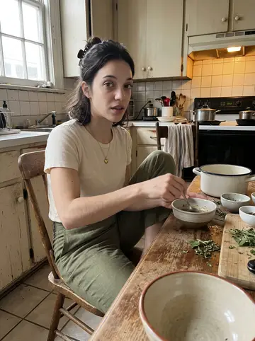 Sophie, AI character: her small New Orleans kitchen during a rainy spring afternoon, enamel pot on the stove, herbs and bowls…