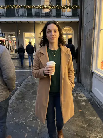 Sophie, AI character: French Quarter sidewalk in December with warm holiday lights on balconies and damp stone behind her