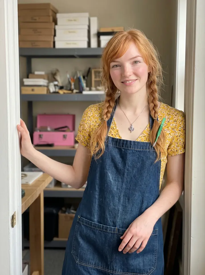 Eleanor, AI character: the doorway of the taxidermy workroom in Pittsburgh on a bright spring afternoon, shelves of clean…