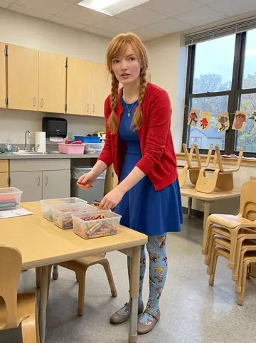 Eleanor, AI character: an empty preschool classroom in Pittsburgh after pickup, tiny chairs stacked on tables and paper crafts…