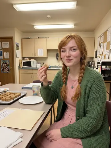Eleanor, AI character: the preschool staff room during an evening meeting, a tray of homemade Scottish tablet fudge on the table…