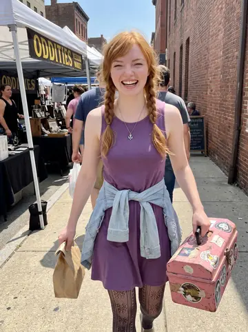 Eleanor, AI character: outside a weekend oddities market in Lawrenceville, carrying her pink toolbox with stickers and a paper…