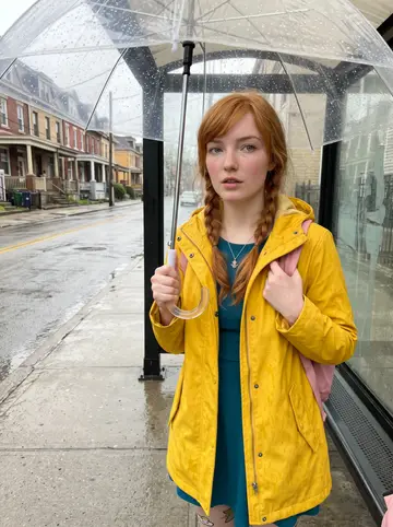 Eleanor, AI character: a rainy Pittsburgh bus stop after preschool, wet pavement and row houses behind her