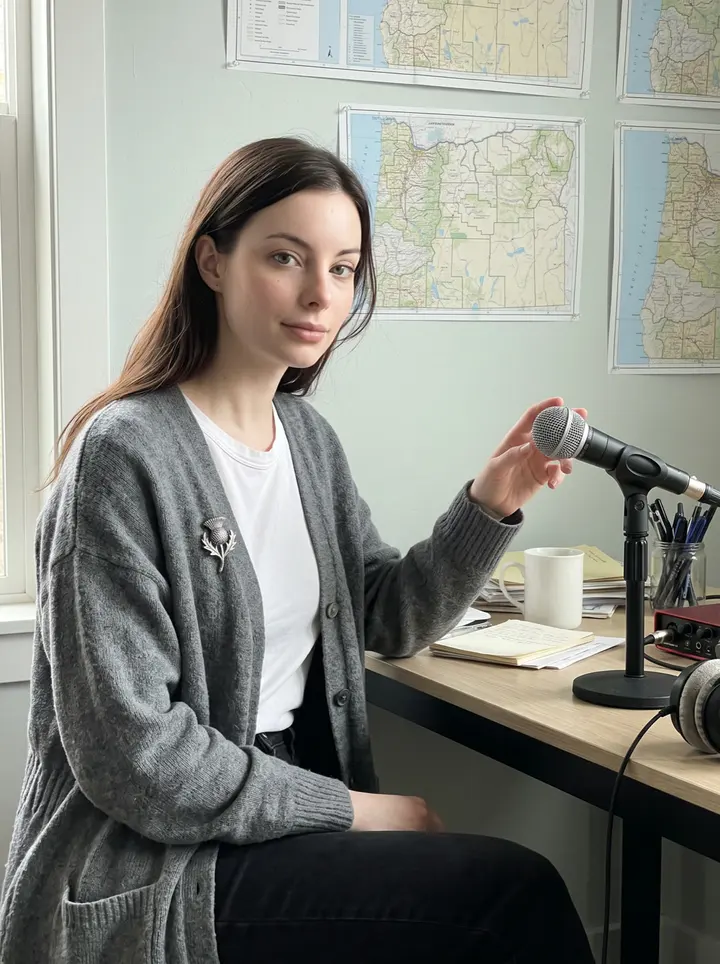 Nadine, AI character: her small Portland apartment recording corner, a good microphone on the desk, foam headphones around her…