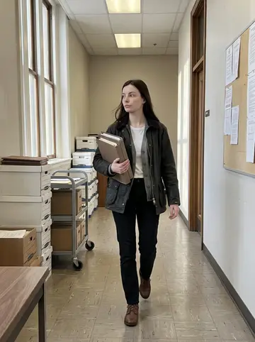 Nadine, AI character: the hallway outside the county records office in Portland, file boxes stacked on a rolling cart beside her