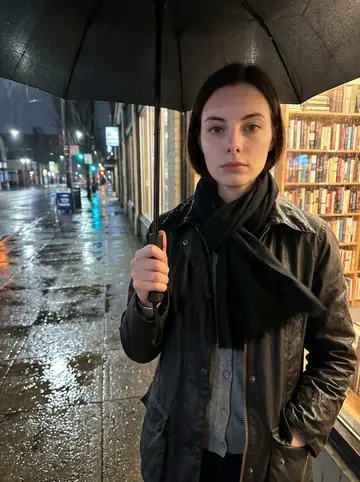 Nadine, AI character: a rainy Portland sidewalk outside a used bookstore, wet pavement reflecting small shop lights