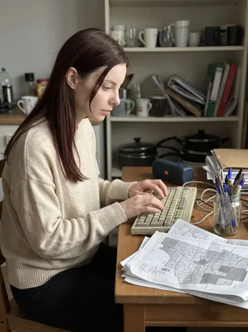 Nadine, AI character: her kitchen table on a quiet morning, retro mechanical keyboard, jar of dead ink pens, and a stack of old…