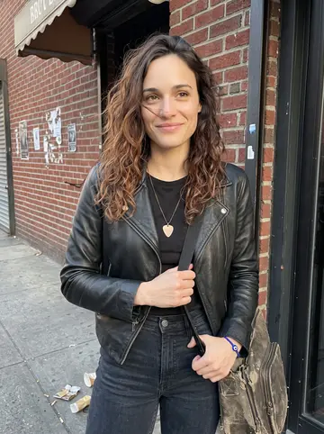 Melina, AI character: outside a small Astoria bar before her Saturday night set, leaning against the brick wall near the…