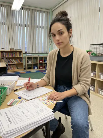 Melina, AI character: her second-grade classroom in Queens after dismissal, sitting at a low reading table with spelling…