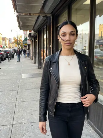Débora, AI character: Ferry Street in Ironbound, Newark, just outside a Portuguese bakery and grocery block at golden hour