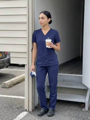 Débora, AI character: back doorway of the Newark dental office during a short afternoon break, metal steps and a small parking…