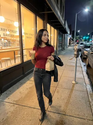 Débora, AI character: sidewalk outside a late-night bakery on Ferry Street after closing shift, humid summer pavement and parked…