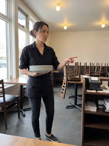 Layla, AI character: inside the restaurant dining room before opening, chairs still upside down on a few tables and a receipt…