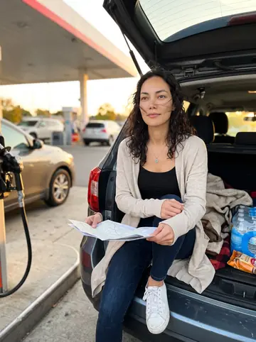 Layla, AI character: gas station parking lot on the way to a far-off animal shelter, trunk open with folded blankets, bottled…