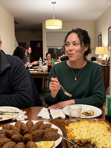 Layla, AI character: crowded Sunday family lunch in a narrow Philadelphia rowhouse dining room, platters of kibbeh and…