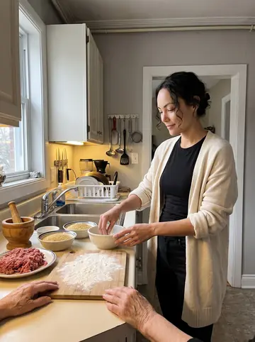 Layla, AI character: her grandmother's kitchen, wooden mortar on the counter, bowls of bulgur and ground lamb beside a…