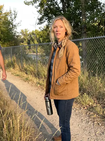 Leah, AI character: a dry hillside fire line in the Montana backcountry during fire season, scorched ground and a thin haze of…
